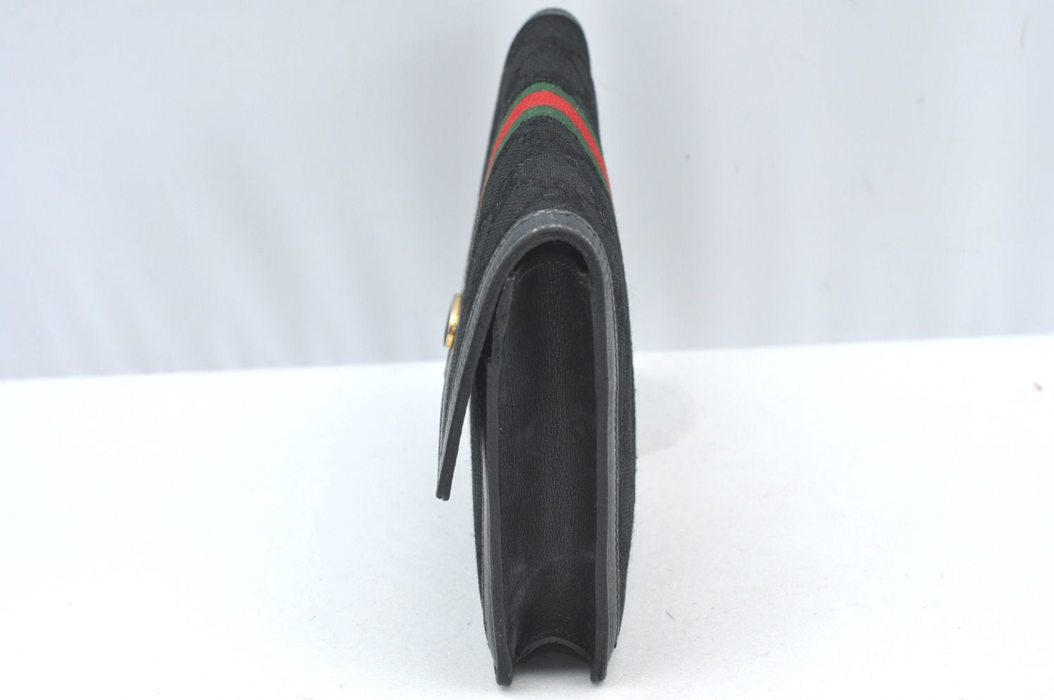 Authentic GUCCI Web Sherry Line Pouch Purse GG Canvas Leather Black 9810F