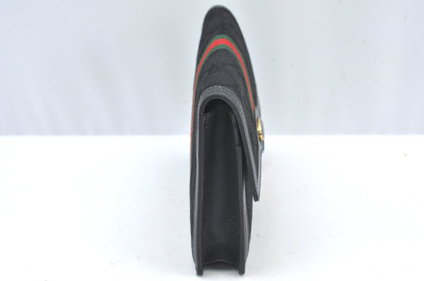 Authentic GUCCI Web Sherry Line Pouch Purse GG Canvas Leather Black 9810F