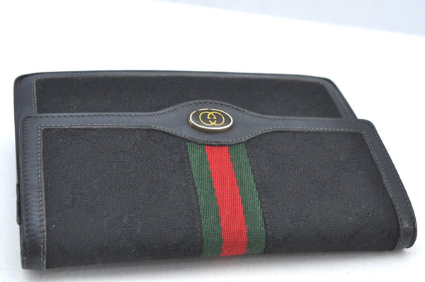 Authentic GUCCI Web Sherry Line Pouch Purse GG Canvas Leather Black 9810F