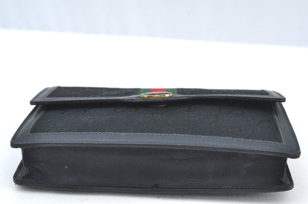 Authentic GUCCI Web Sherry Line Pouch Purse GG Canvas Leather Black 9810F