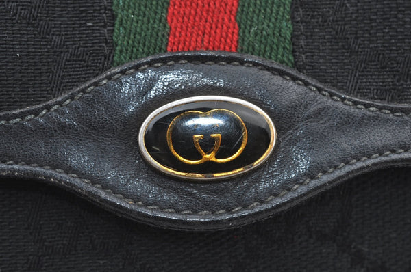Authentic GUCCI Web Sherry Line Pouch Purse GG Canvas Leather Black 9810F