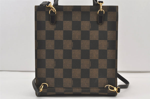 Authentic FENDI Pequin Check 2Way Tote Bag Backpack PVC Leather Brown 9819J