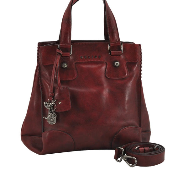 Authentic CELINE 2Way Shoulder Cross Body Hand Bag Leather Bordeaux Red 9822J