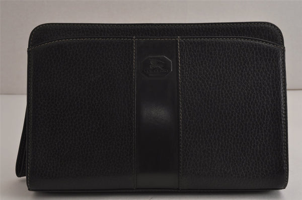 Authentic BURBERRY Vintage Leather Clutch Hand Bag Purse Black 9828J