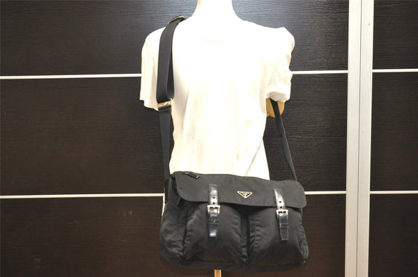 Authentic PRADA Nylon Tessuto Leather Shoulder Cross Body Bag Black 9840I