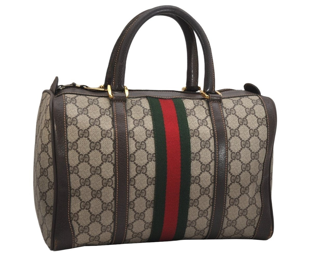 Authentic GUCCI Web Sherry Line Hand Boston Bag GG PVC Leather Brown 9841J