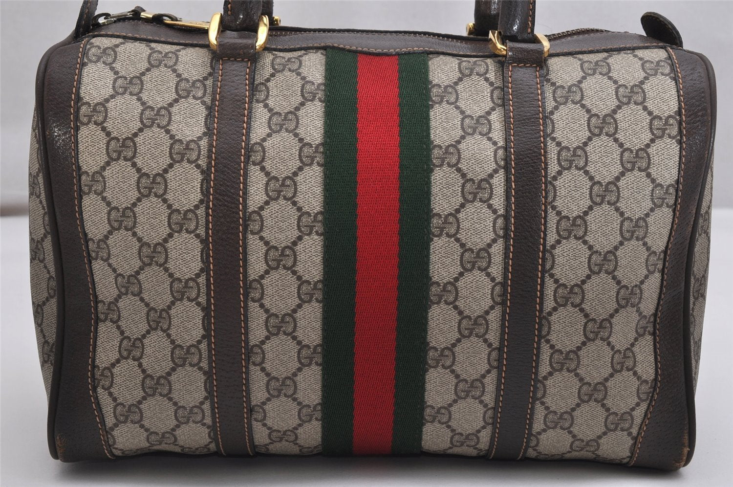 Authentic GUCCI Web Sherry Line Hand Boston Bag GG PVC Leather Brown 9841J