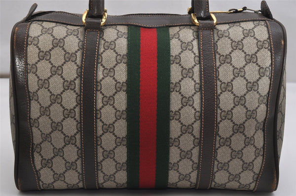 Authentic GUCCI Web Sherry Line Hand Boston Bag GG PVC Leather Brown 9841J
