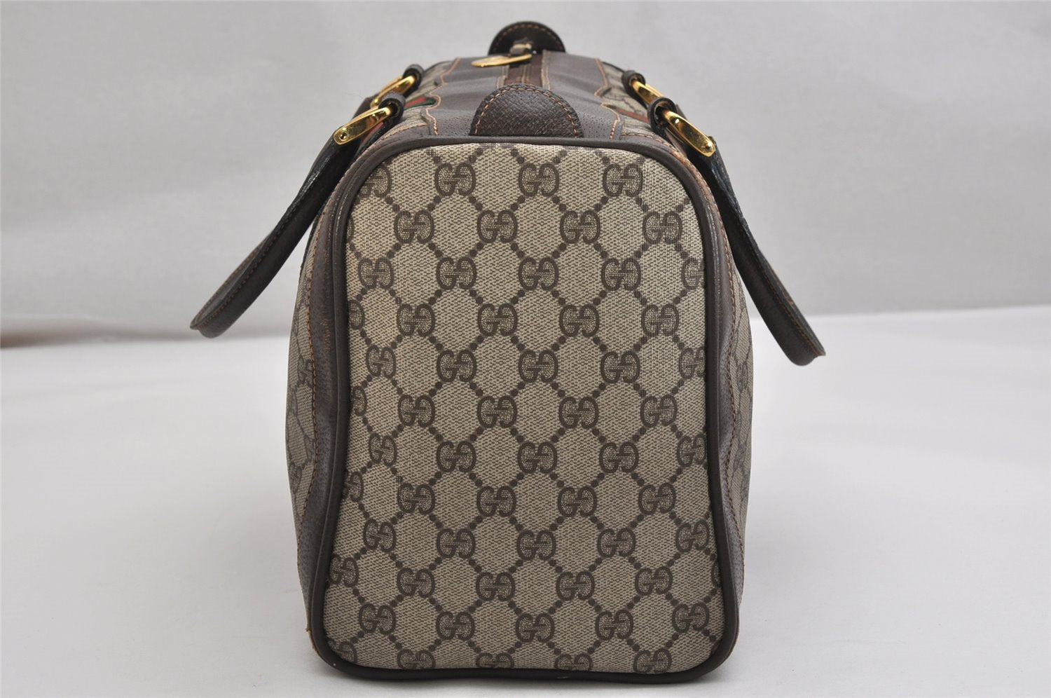 Authentic GUCCI Web Sherry Line Hand Boston Bag GG PVC Leather Brown 9841J
