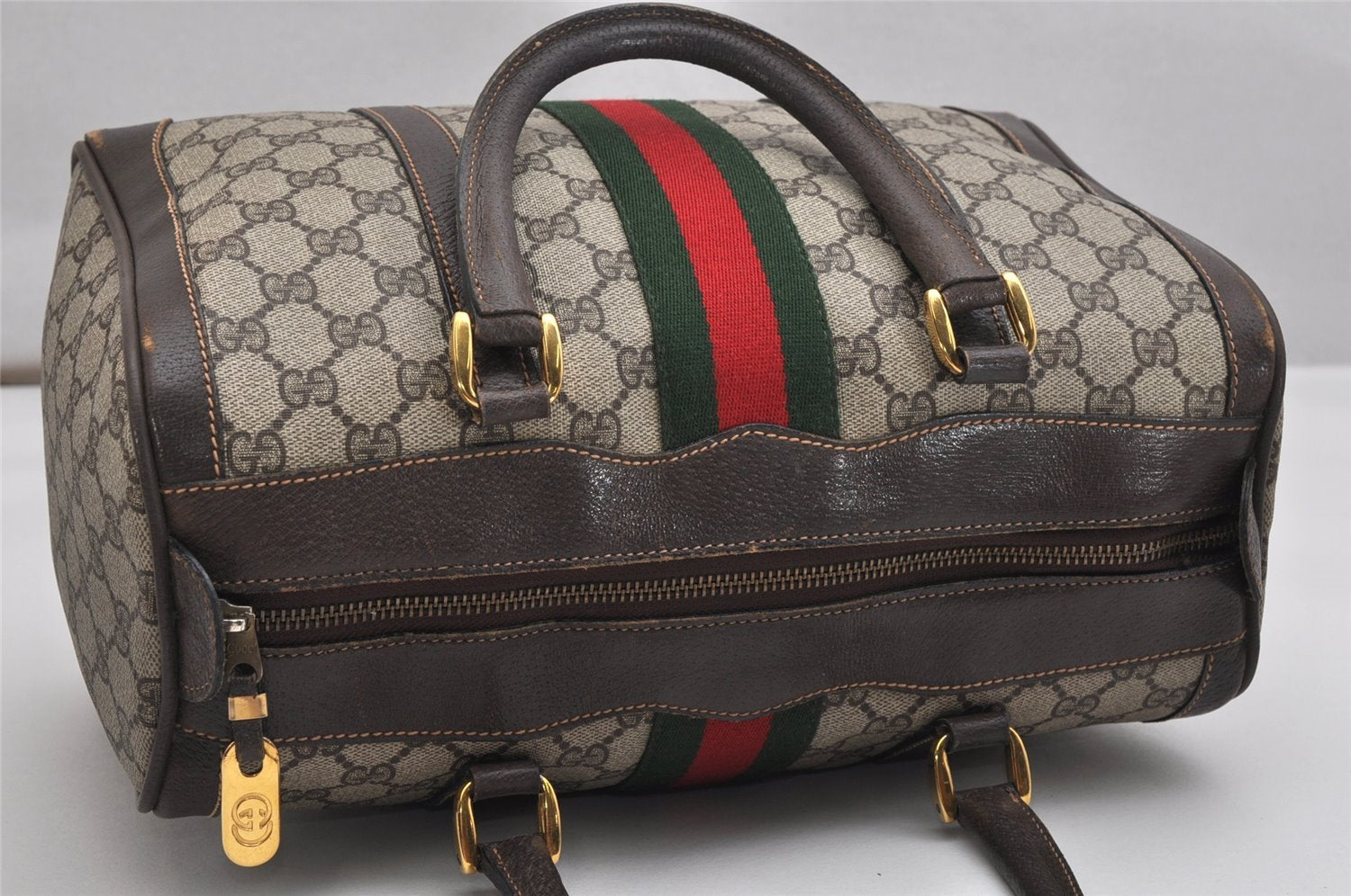 Authentic GUCCI Web Sherry Line Hand Boston Bag GG PVC Leather Brown 9841J