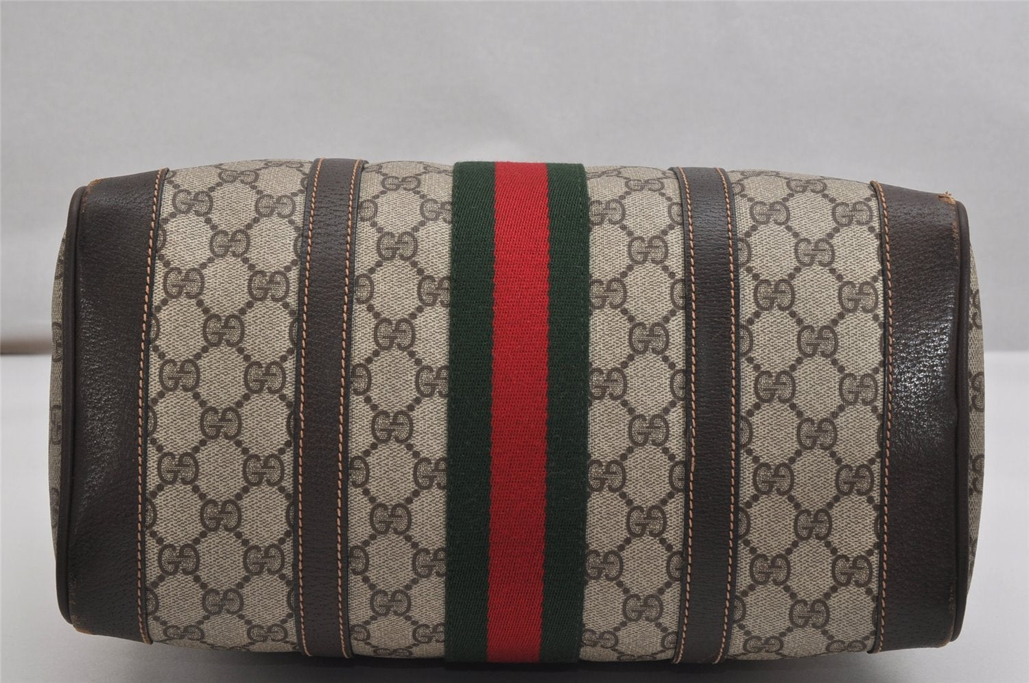 Authentic GUCCI Web Sherry Line Hand Boston Bag GG PVC Leather Brown 9841J