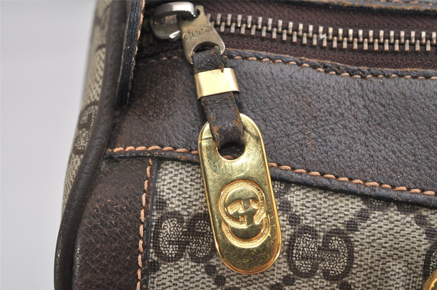 Authentic GUCCI Web Sherry Line Hand Boston Bag GG PVC Leather Brown 9841J