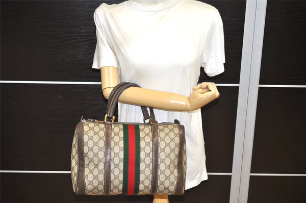 Authentic GUCCI Web Sherry Line Hand Boston Bag GG PVC Leather Brown 9841J