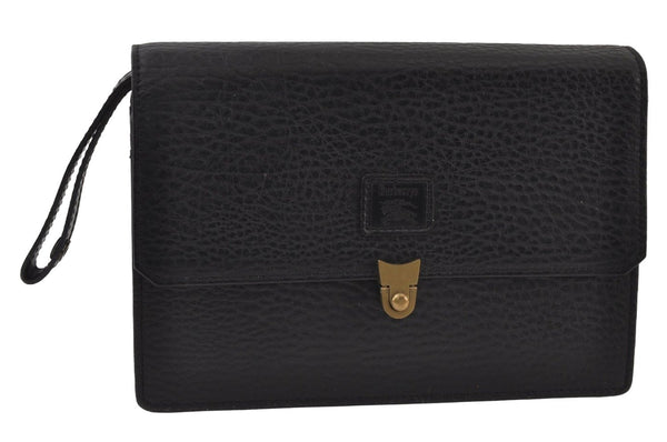 Authentic Burberrys Vintage Leather Clutch Hand Bag Purse Black 9854I