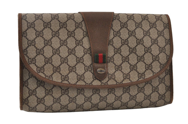 Authentic GUCCI Web Sherry Line Clutch Hand Bag Purse GG PVC Leather Brown 9855I