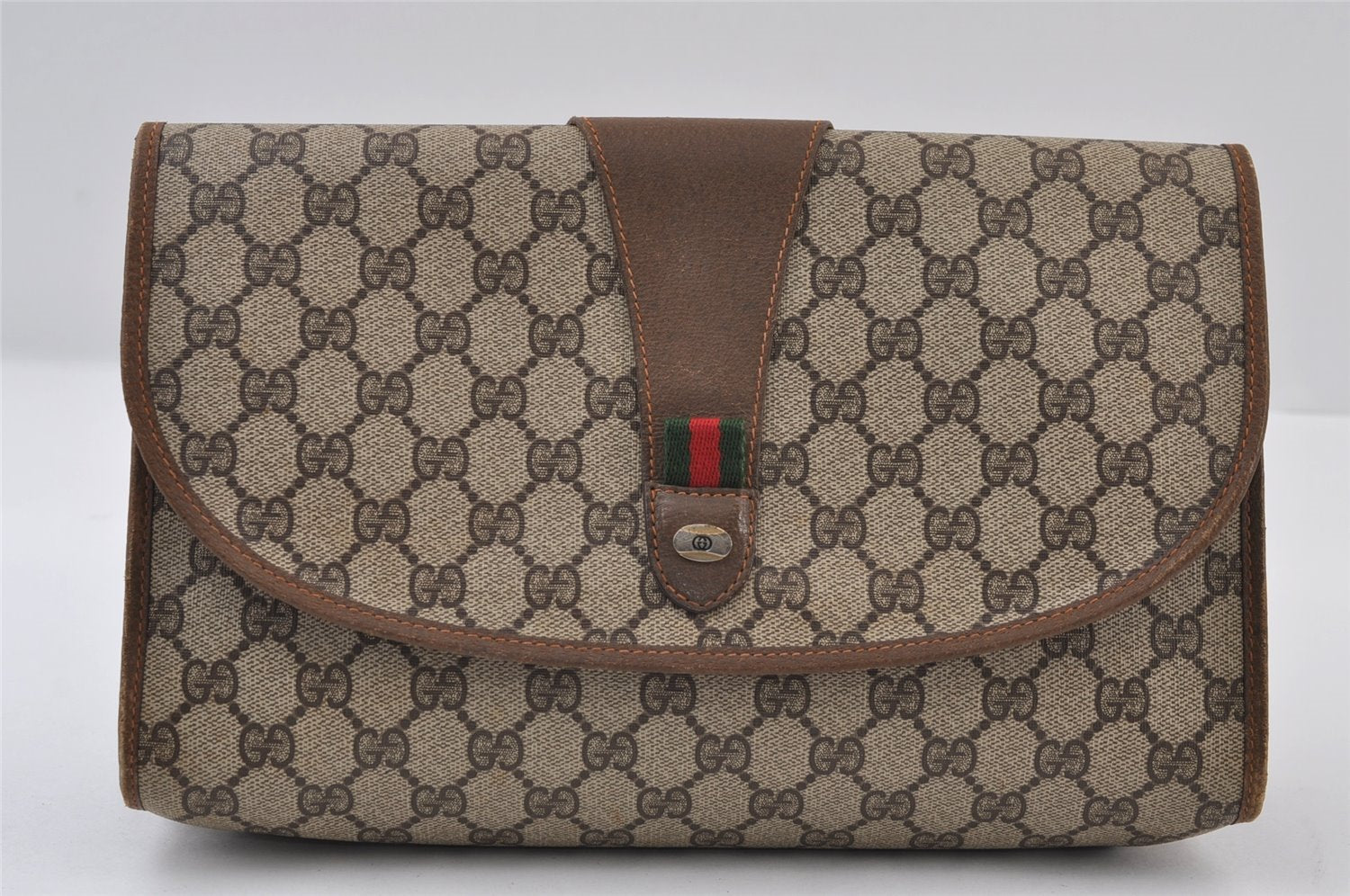 Authentic GUCCI Web Sherry Line Clutch Hand Bag Purse GG PVC Leather Brown 9855I