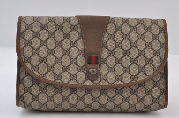 Authentic GUCCI Web Sherry Line Clutch Hand Bag Purse GG PVC Leather Brown 9855I
