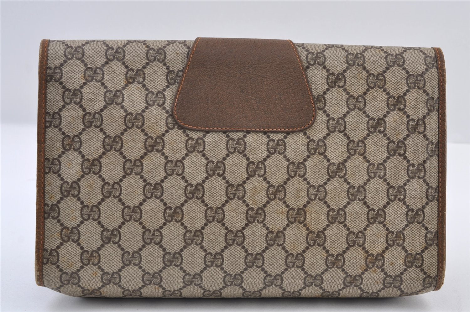 Authentic GUCCI Web Sherry Line Clutch Hand Bag Purse GG PVC Leather Brown 9855I