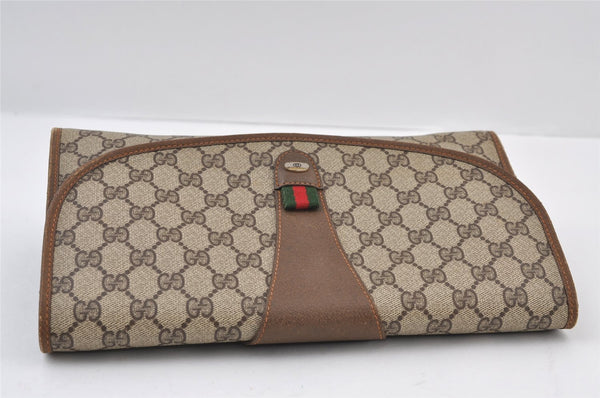 Authentic GUCCI Web Sherry Line Clutch Hand Bag Purse GG PVC Leather Brown 9855I