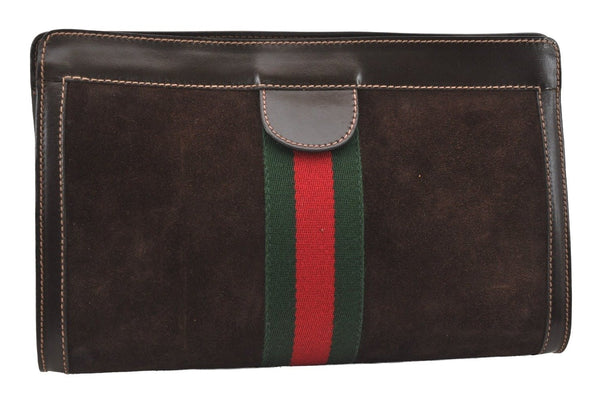Authentic GUCCI Web Sherry Line Clutch Hand Bag Purse Suede Leather Brown 9856I