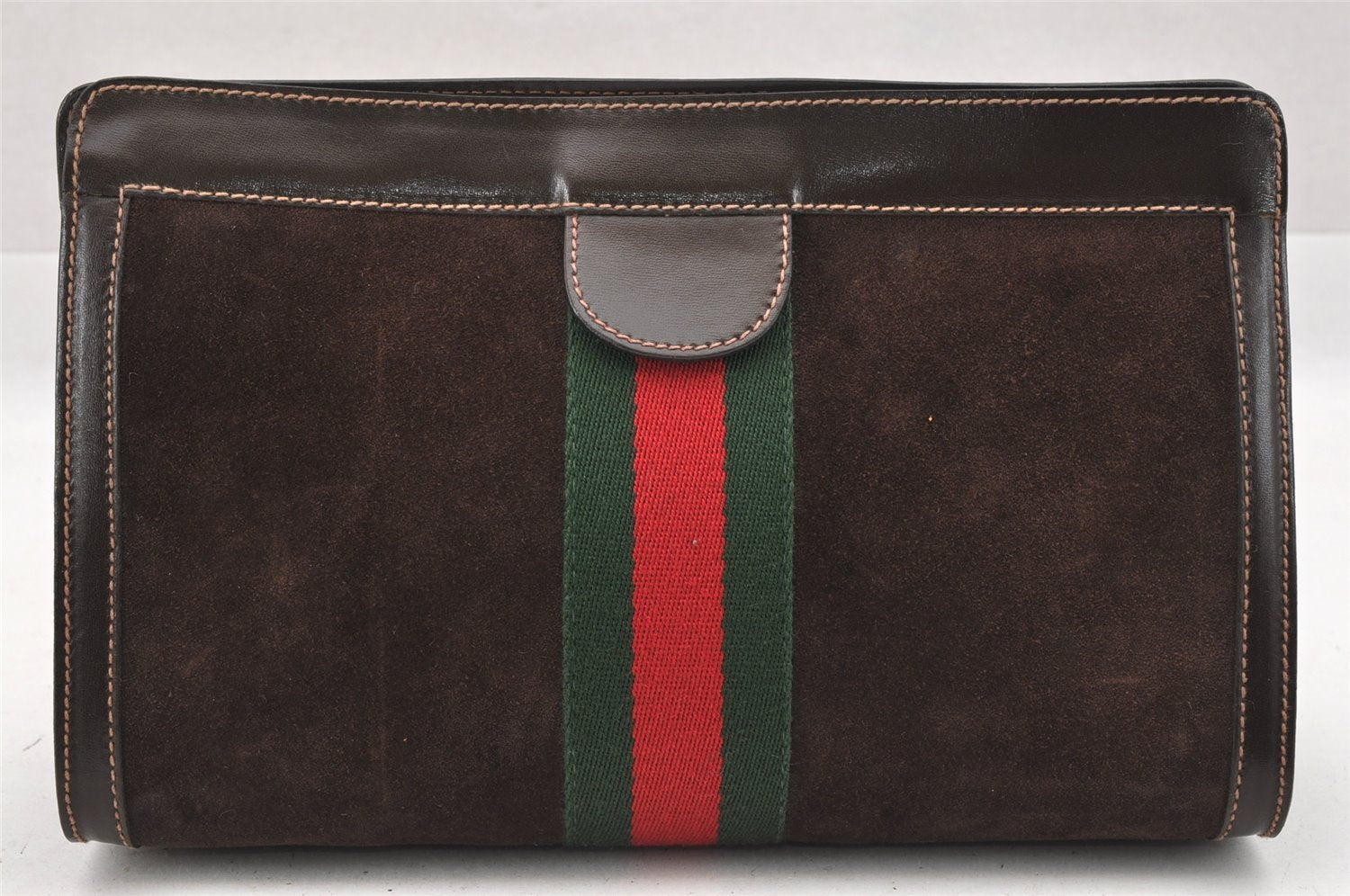 Authentic GUCCI Web Sherry Line Clutch Hand Bag Purse Suede Leather Brown 9856I