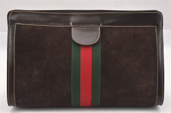 Authentic GUCCI Web Sherry Line Clutch Hand Bag Purse Suede Leather Brown 9856I