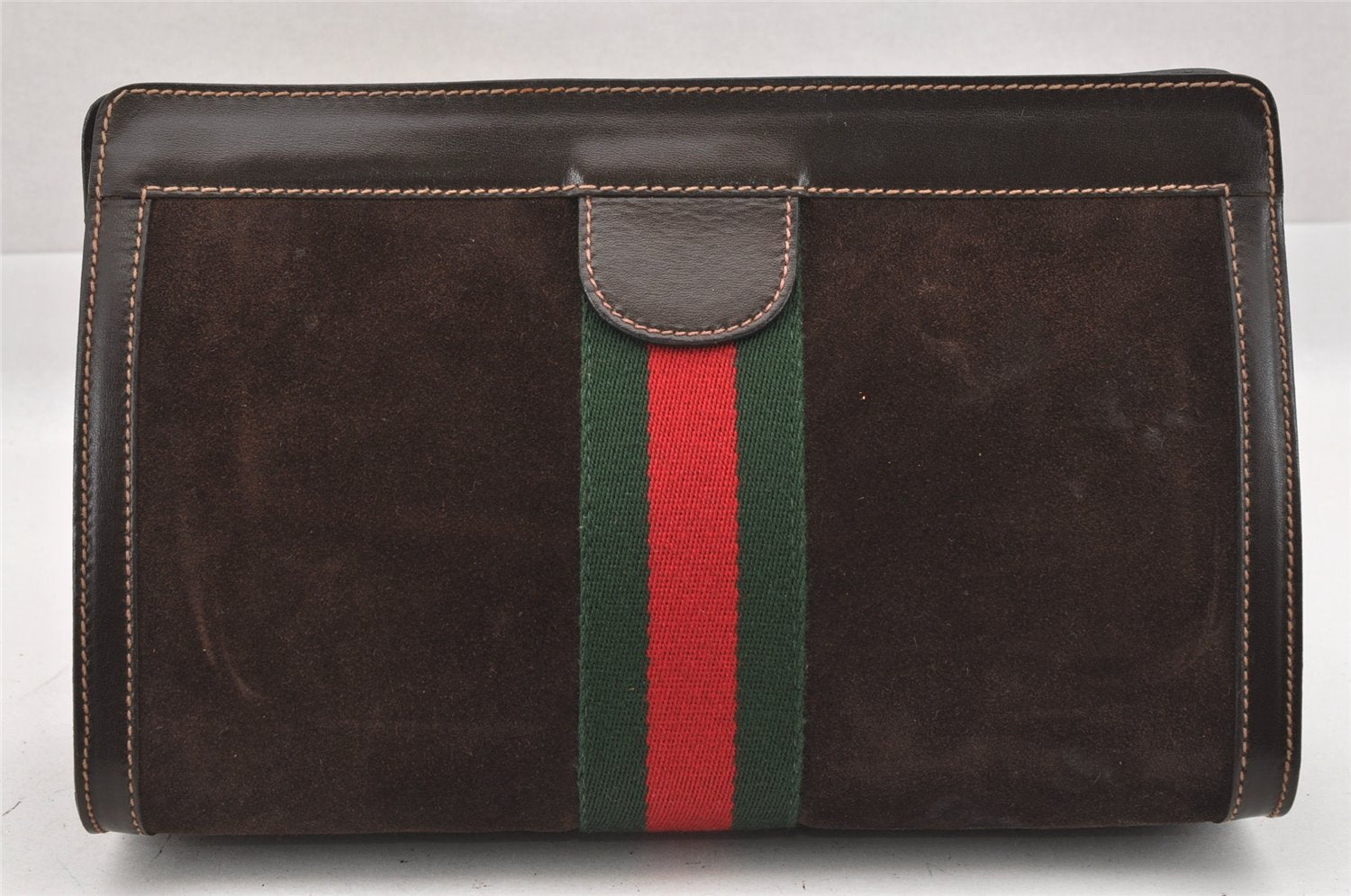 Authentic GUCCI Web Sherry Line Clutch Hand Bag Purse Suede Leather Brown 9856I