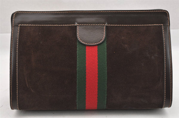 Authentic GUCCI Web Sherry Line Clutch Hand Bag Purse Suede Leather Brown 9856I