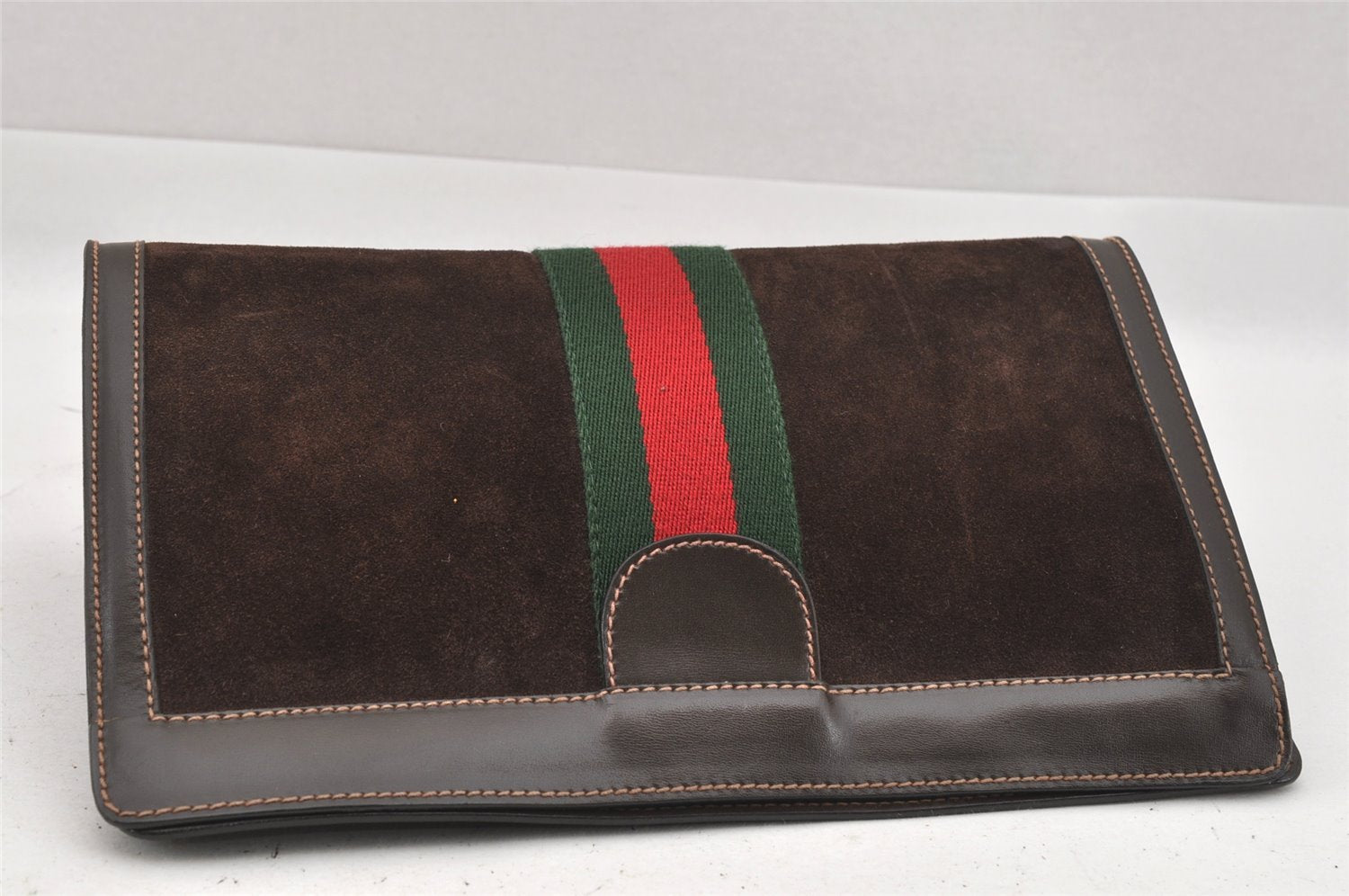 Authentic GUCCI Web Sherry Line Clutch Hand Bag Purse Suede Leather Brown 9856I