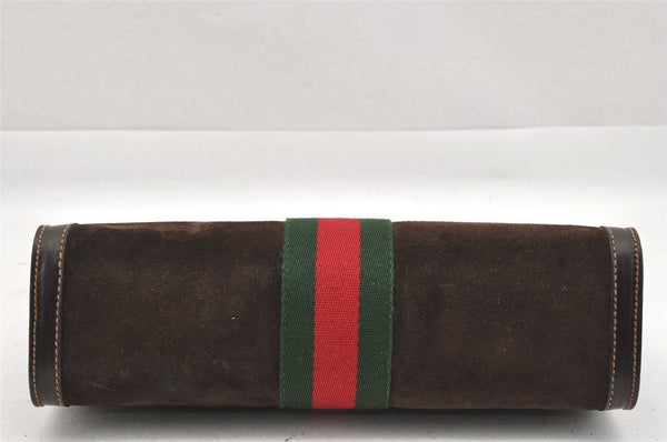 Authentic GUCCI Web Sherry Line Clutch Hand Bag Purse Suede Leather Brown 9856I