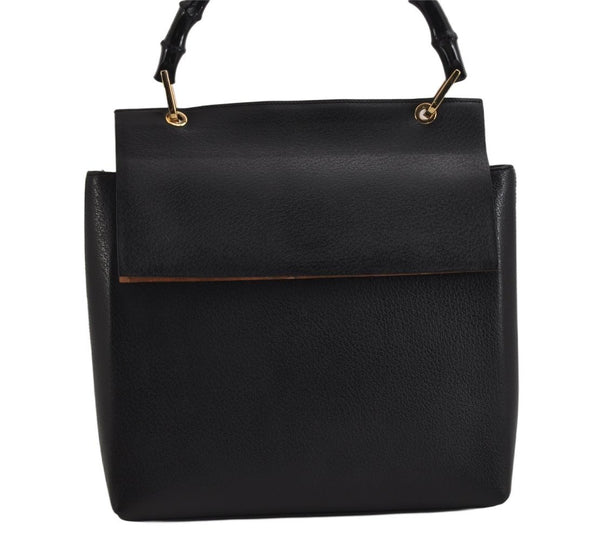 Authentic GUCCI Vintage Bamboo Shoulder Hand Bag Purse Leather Black 9857J