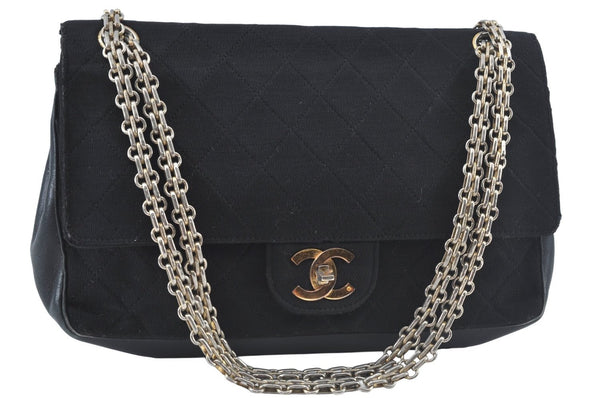 Authentic CHANEL Cotton Leather Matelasse Chain Shoulder Bag Black CC 9862H