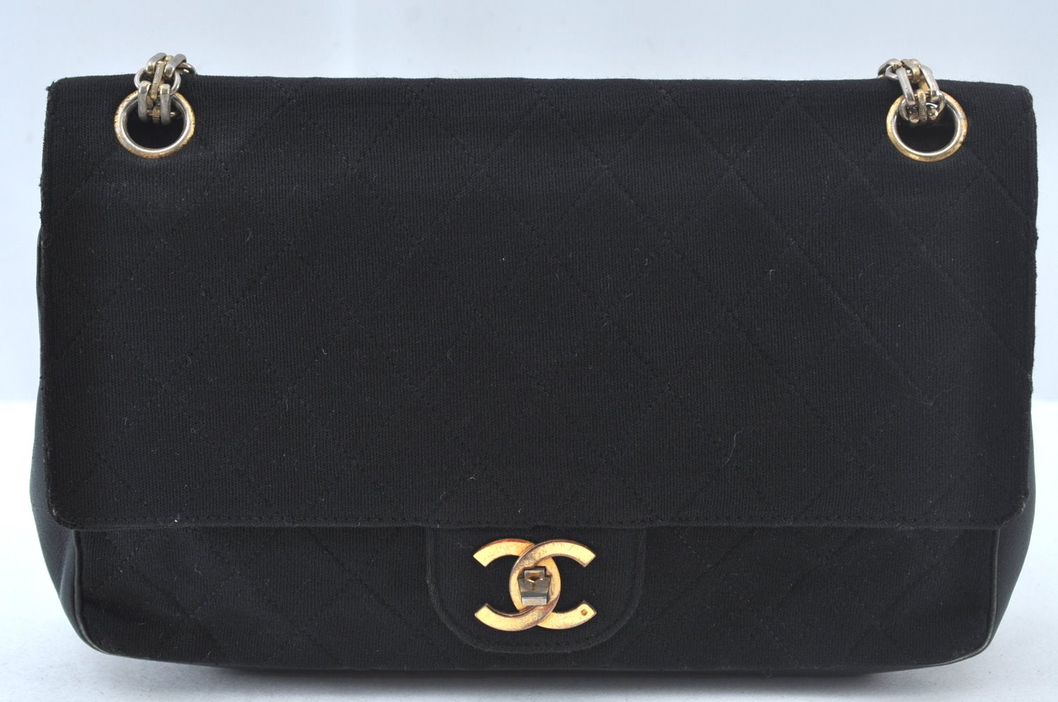 Authentic CHANEL Cotton Leather Matelasse Chain Shoulder Bag Black CC 9862H