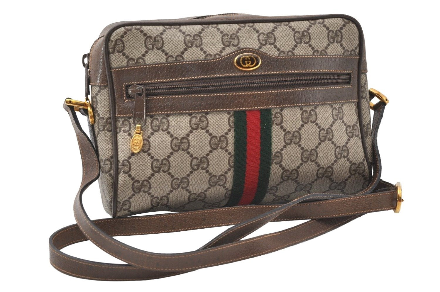 Authentic GUCCI Web Sherry Line Shoulder Bag GG PVC Leather Brown Junk 9862I