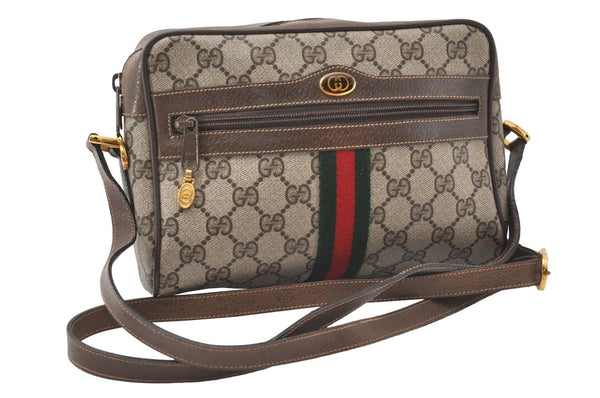 Authentic GUCCI Web Sherry Line Shoulder Bag GG PVC Leather Brown Junk 9862I