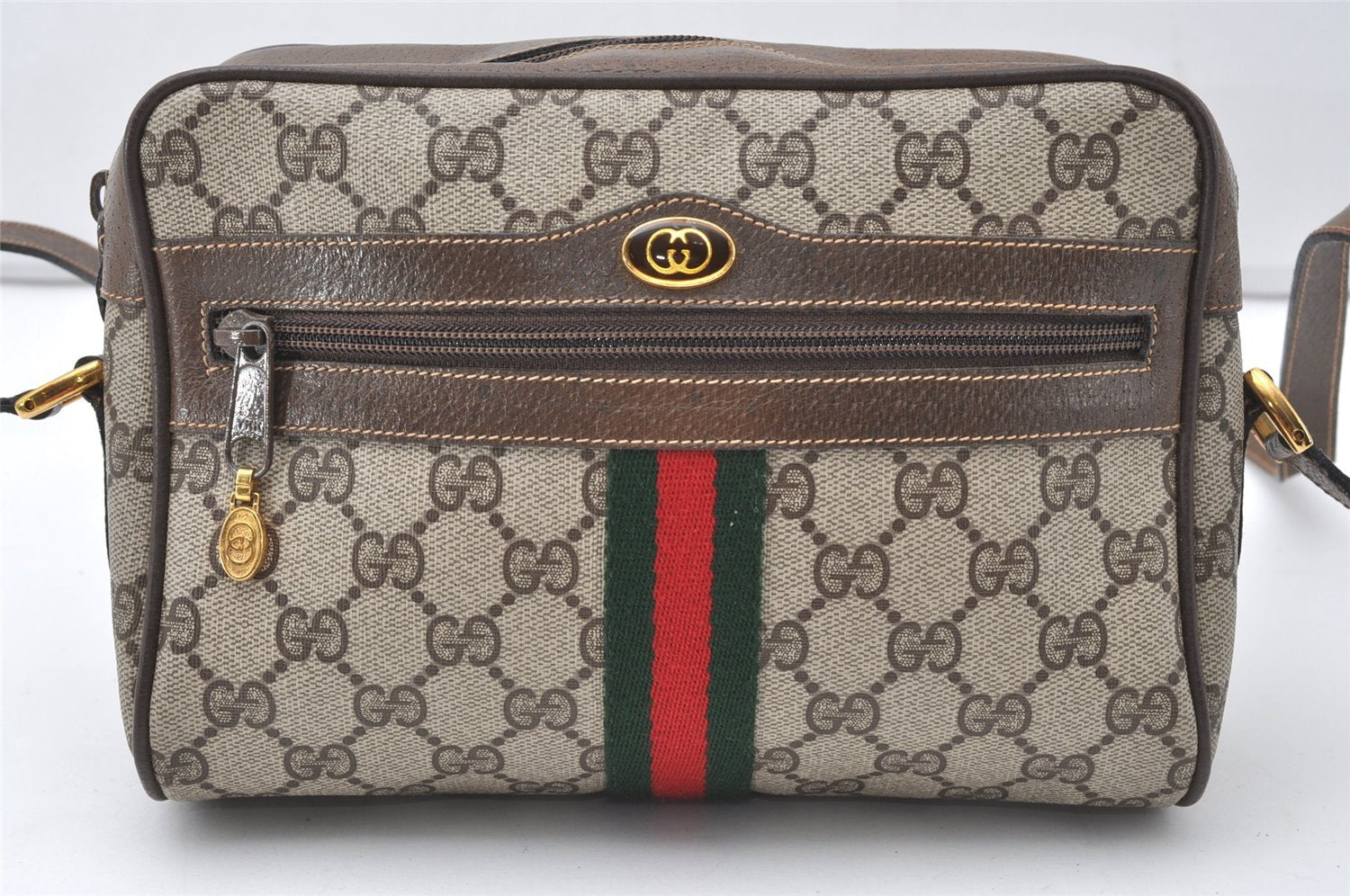 Authentic GUCCI Web Sherry Line Shoulder Bag GG PVC Leather Brown Junk 9862I