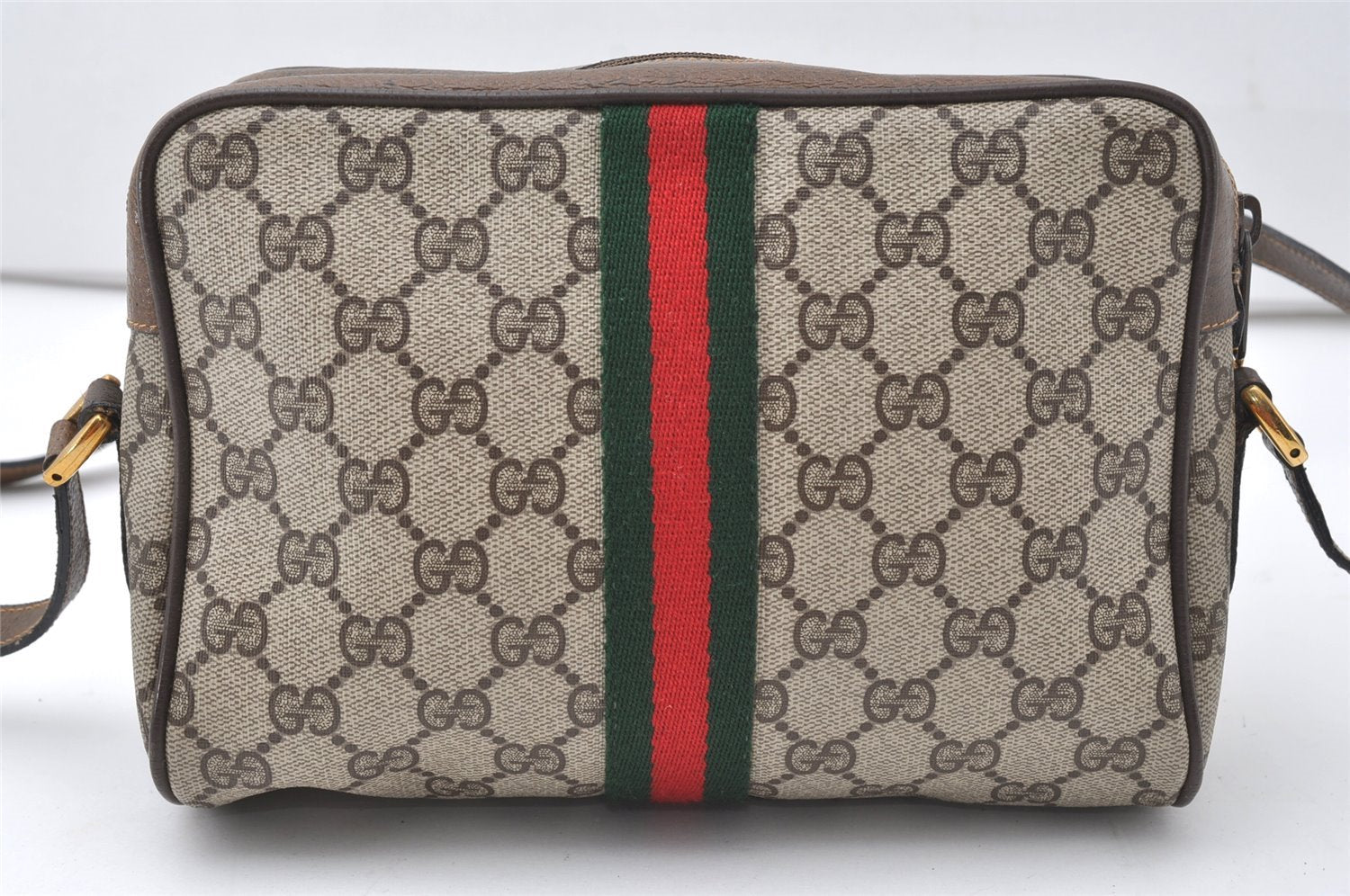Authentic GUCCI Web Sherry Line Shoulder Bag GG PVC Leather Brown Junk 9862I