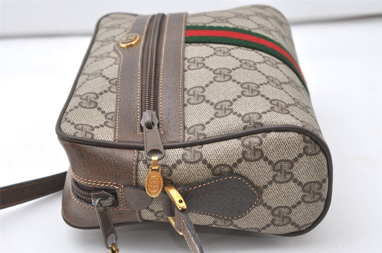 Authentic GUCCI Web Sherry Line Shoulder Bag GG PVC Leather Brown Junk 9862I