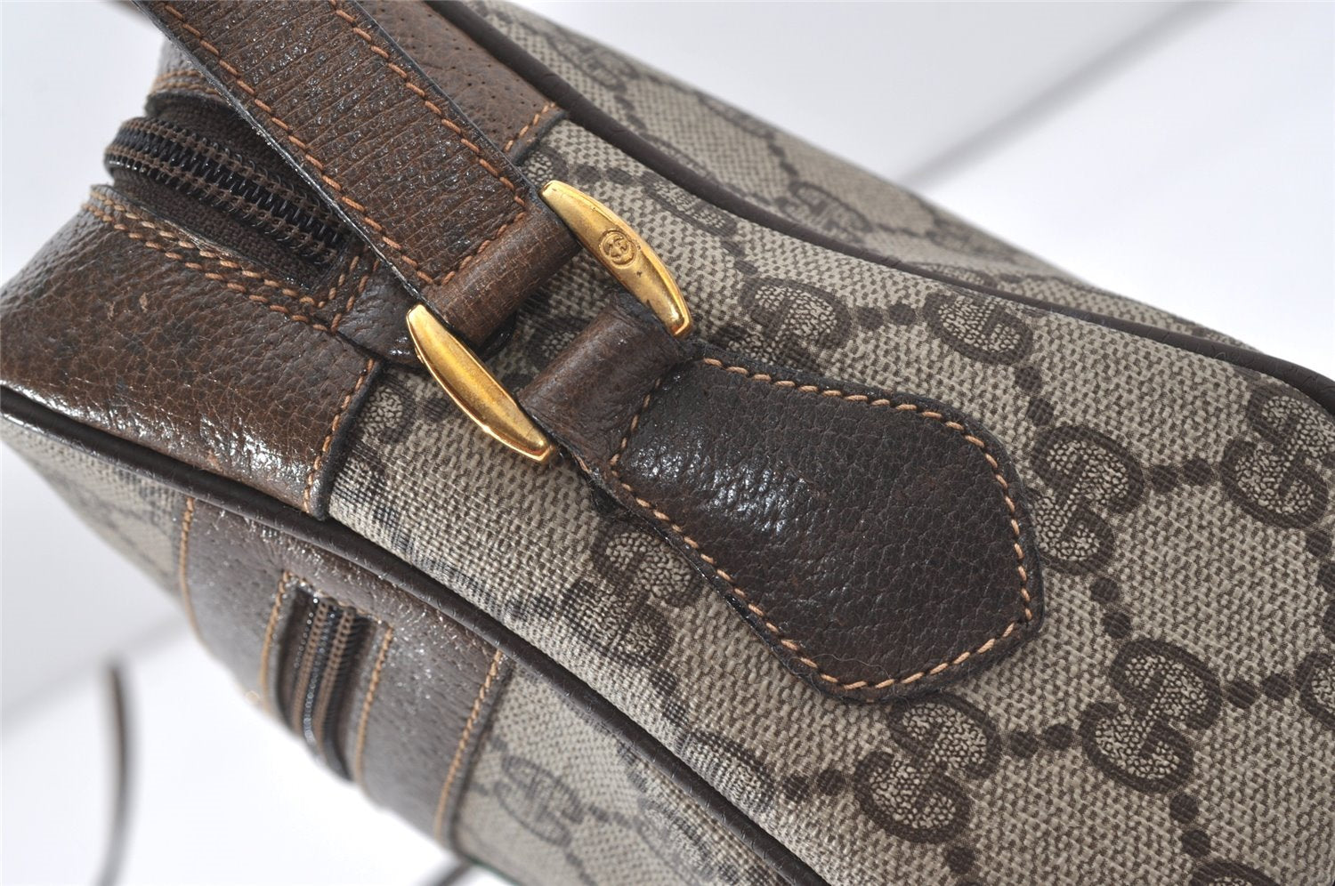 Authentic GUCCI Web Sherry Line Shoulder Bag GG PVC Leather Brown Junk 9862I