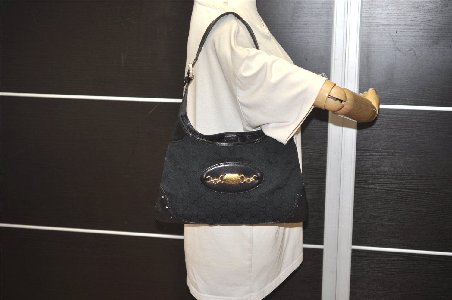 Authentic GUCCI Vintage Shoulder Hand Bag GG Canvas Leather 145778 Black 9864I