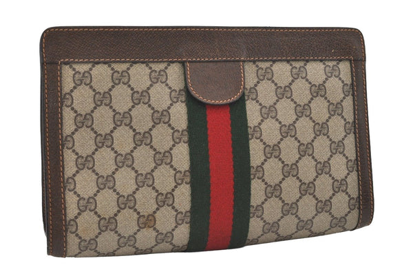 Authentic GUCCI Web Sherry Line Clutch Hand Bag Purse GG PVC Leather Brown 9866I