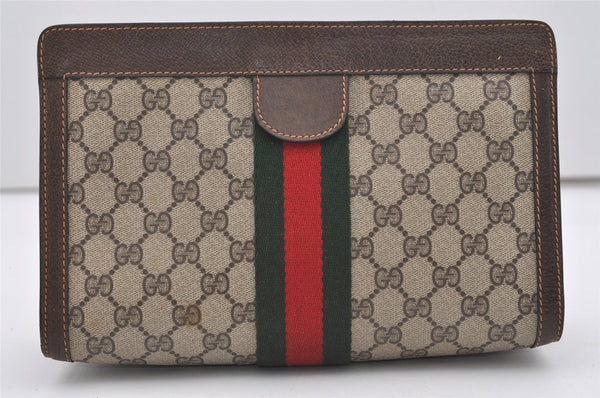 Authentic GUCCI Web Sherry Line Clutch Hand Bag Purse GG PVC Leather Brown 9866I