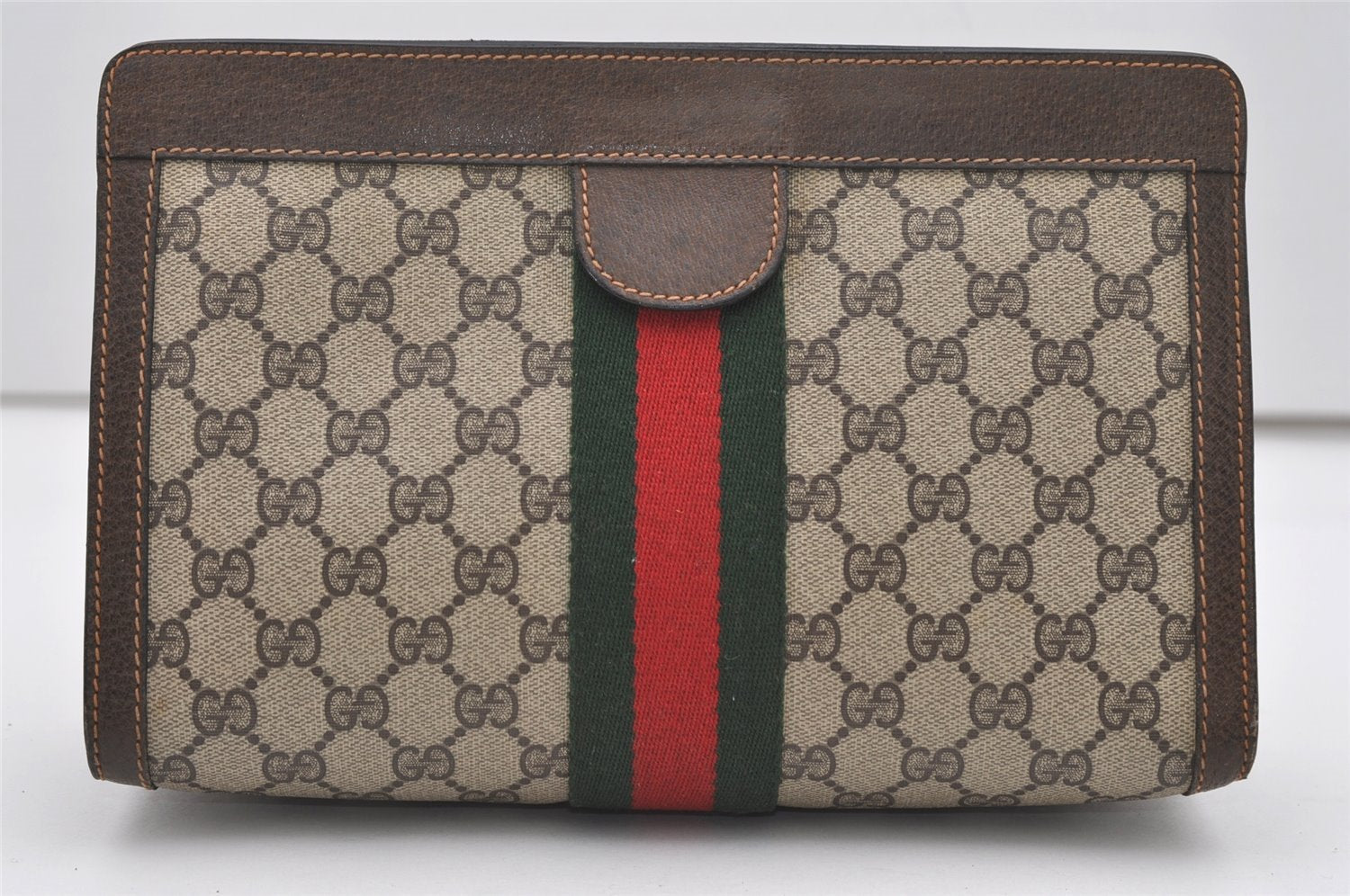 Authentic GUCCI Web Sherry Line Clutch Hand Bag Purse GG PVC Leather Brown 9866I