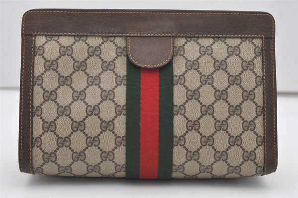 Authentic GUCCI Web Sherry Line Clutch Hand Bag Purse GG PVC Leather Brown 9866I
