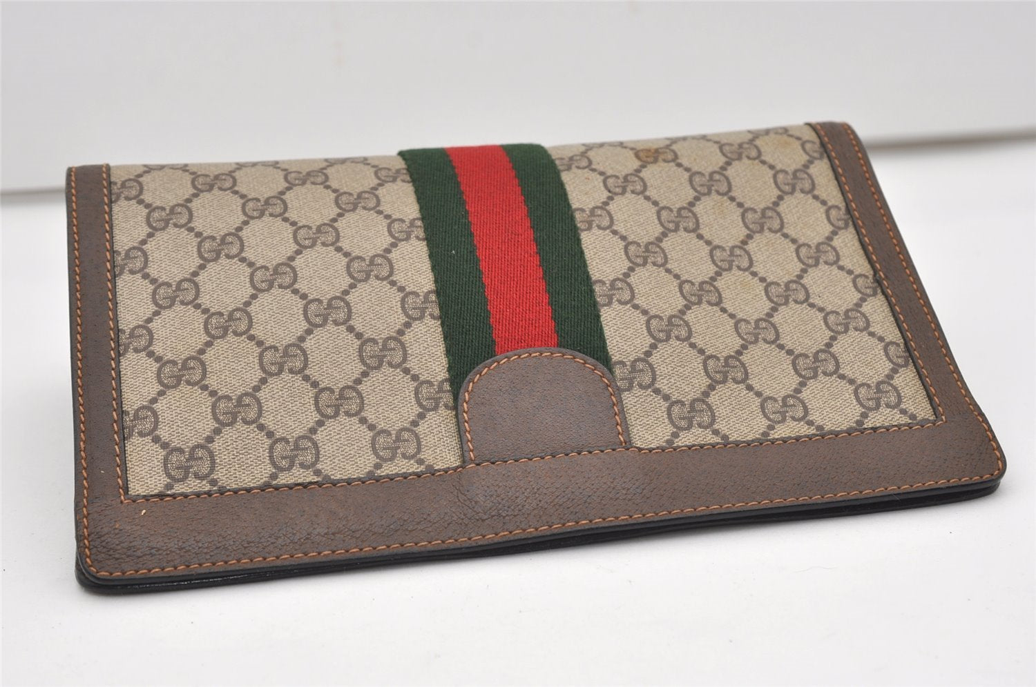 Authentic GUCCI Web Sherry Line Clutch Hand Bag Purse GG PVC Leather Brown 9866I