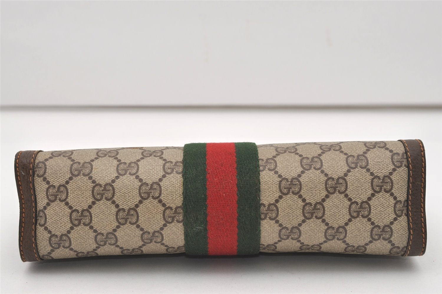 Authentic GUCCI Web Sherry Line Clutch Hand Bag Purse GG PVC Leather Brown 9866I