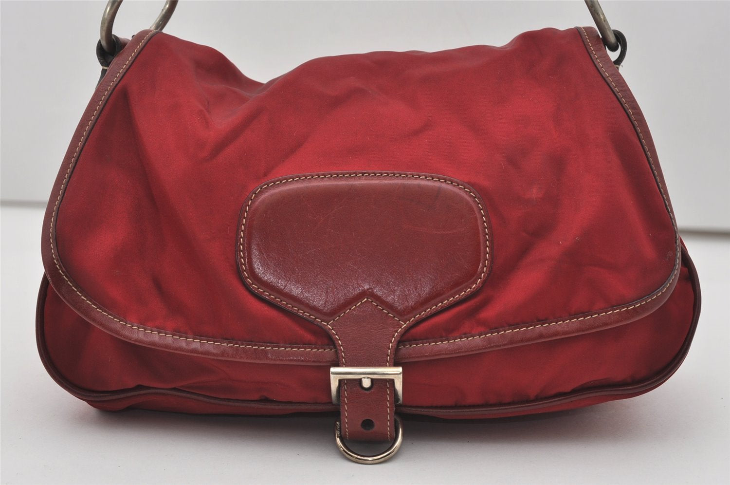 Authentic PRADA Vintage Nylon Tessuto Leather Shoulder Bag Bordeaux Red 9868I