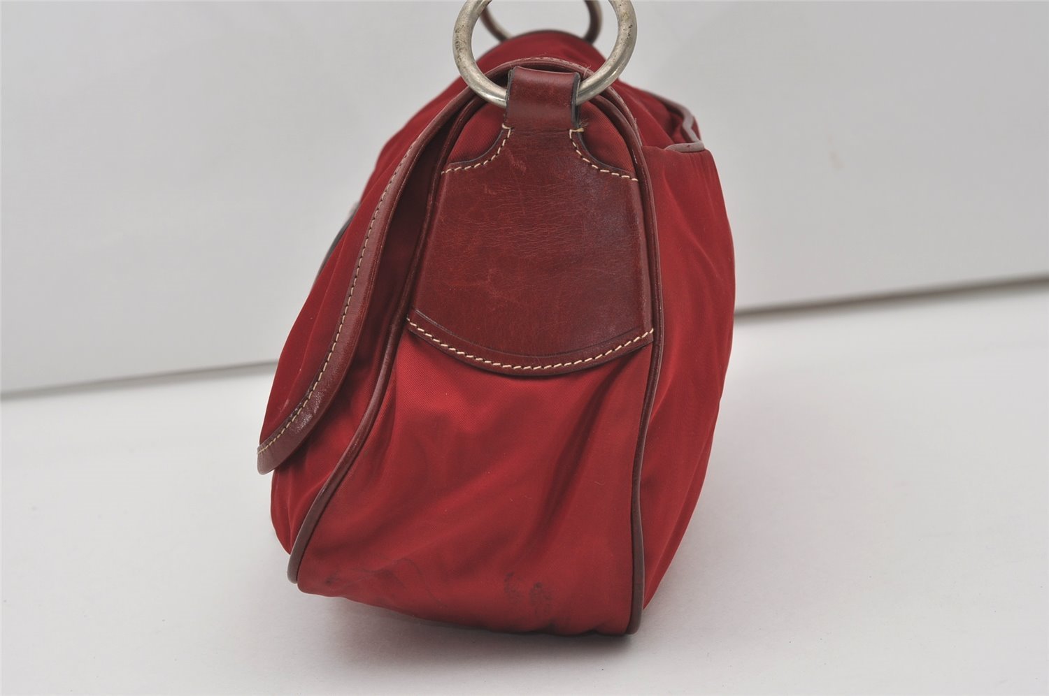 Authentic PRADA Vintage Nylon Tessuto Leather Shoulder Bag Bordeaux Red 9868I