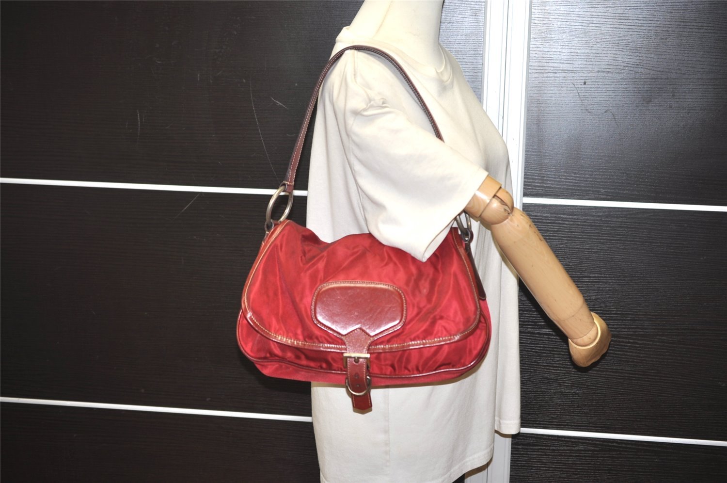 Authentic PRADA Vintage Nylon Tessuto Leather Shoulder Bag Bordeaux Red 9868I