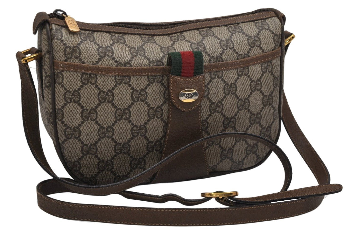 Auth GUCCI Web Sherry Line Shoulder Cross Bag GG PVC Leather Brown Junk 9869J